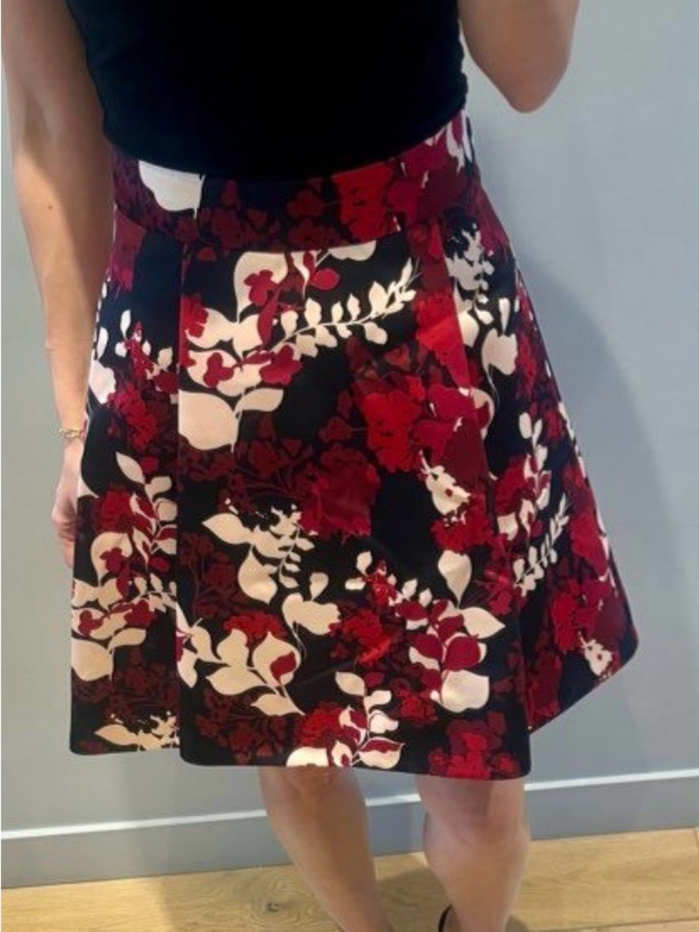 Anne Klein Floral A-Line Skirt in Red, Black & Cream